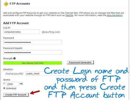 Create a new FTP account by filling out the form
