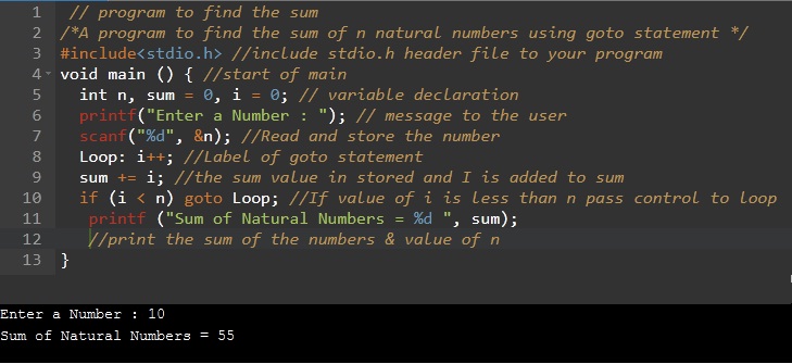 C program to find the sum of n natural numbers using goto statement