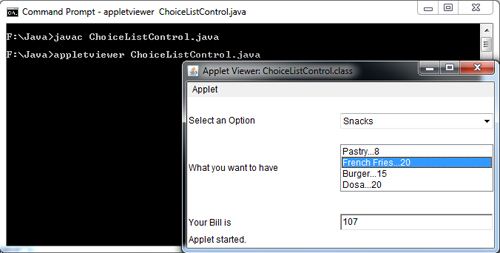 Choice and list Control in Java Applet Example
