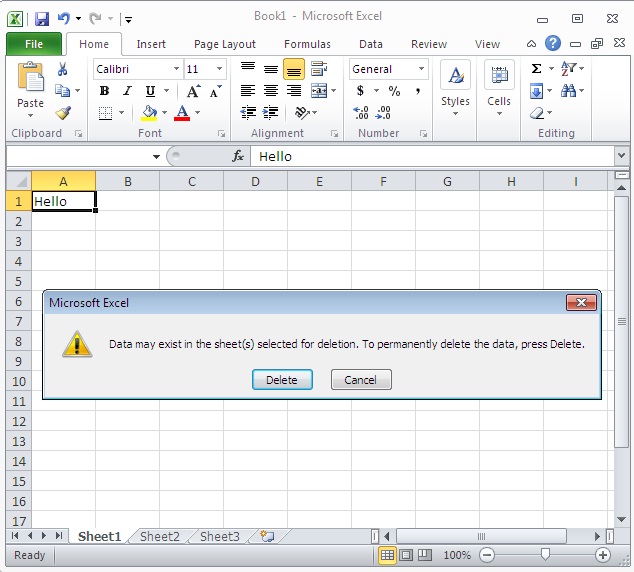 Delete Message in Excel 2010