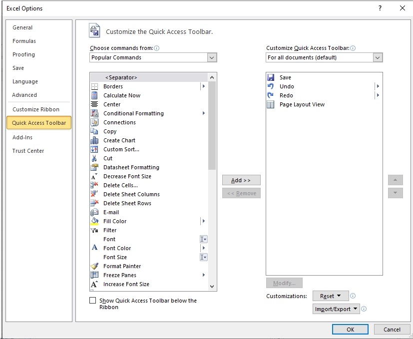 Dialog window Excel options to customize the quick access panel open in the section Quick Access Toolbar