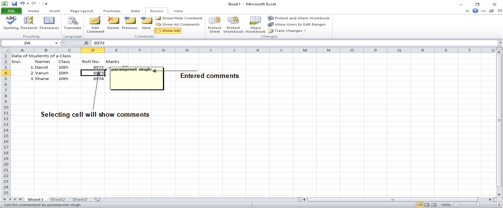 Enter Comment in Excel 2010