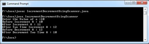 Java Example to perform increment and decrement operations using Scanner Class