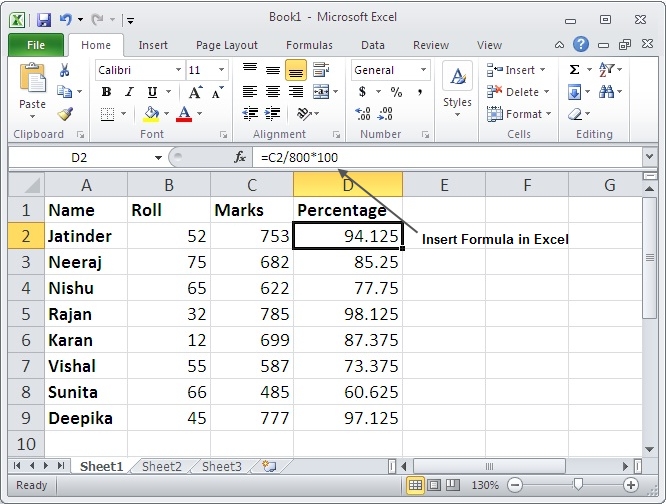 Insert Formula in Excel