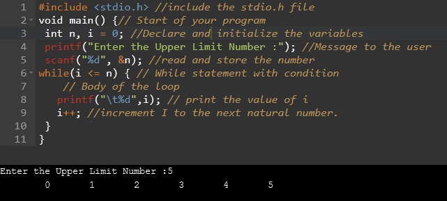 Natural numbers using while loop