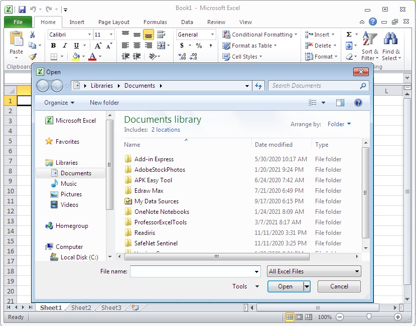 Open Windows in Excel 2010