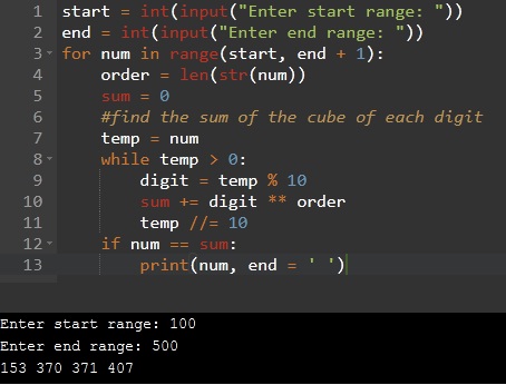 Python program for Armstrong number using range