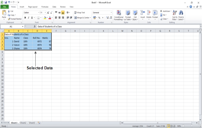 Selected Data in Excel 2010