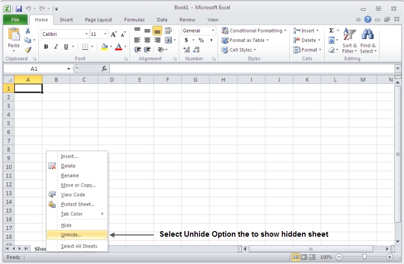 Unhide sheet in Excel 2010