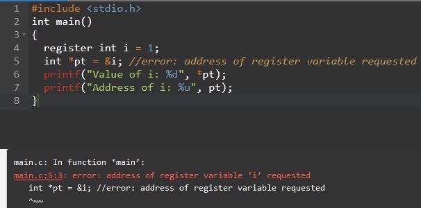 address of register variable of storage classes in C