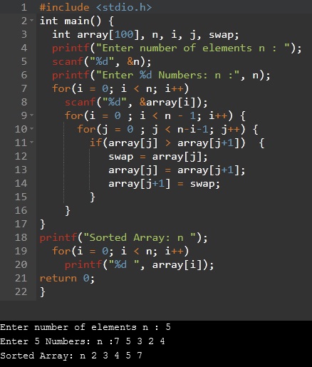 C program for sorting of array using Bubble sort 