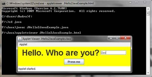 Hello Program in Japplet Java Swing Example