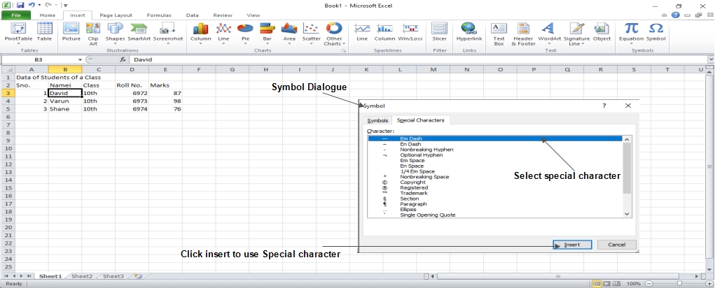 special character in excel 2010